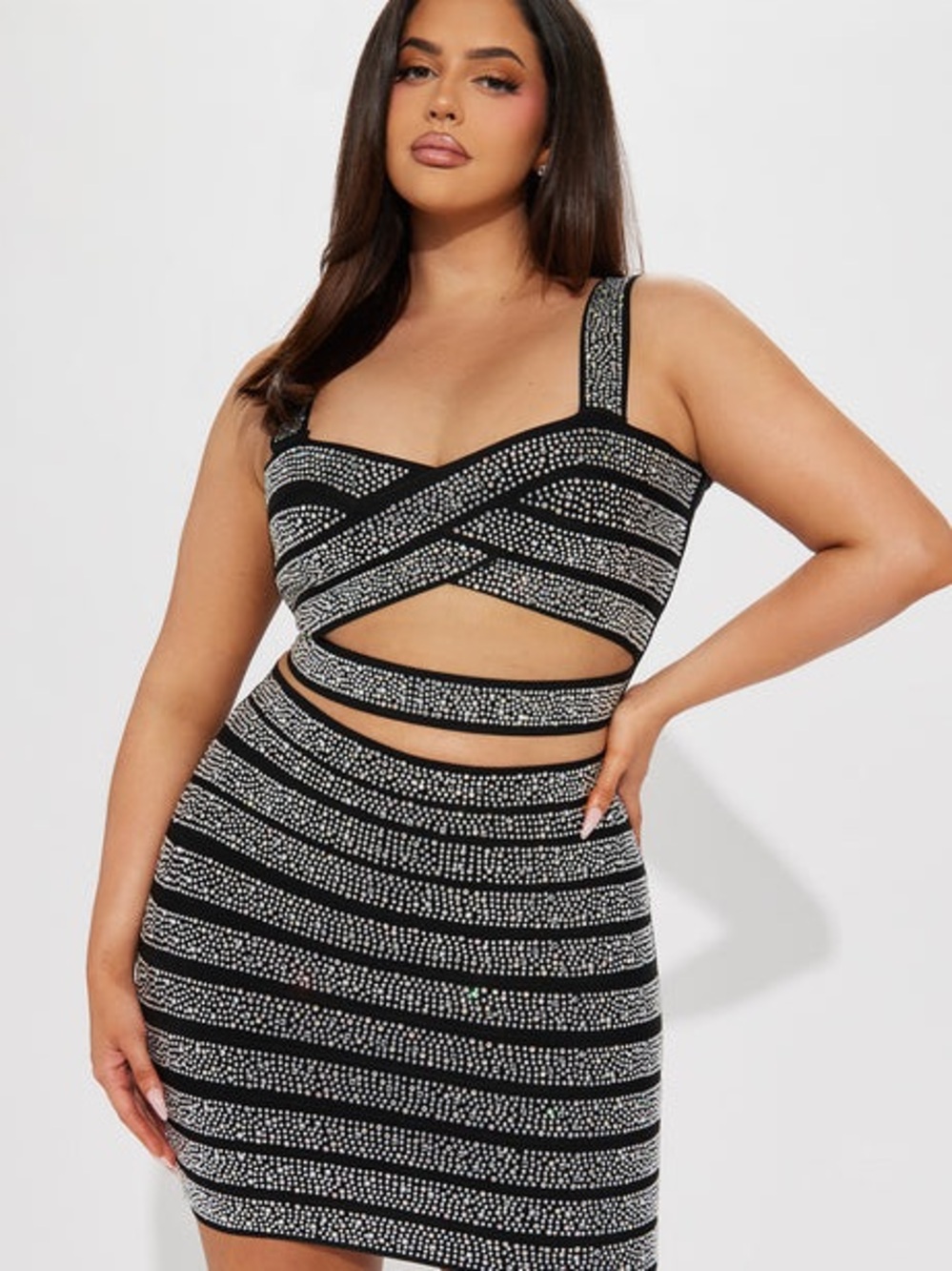 Fashion Nova Black and Silver Rhinestone Striped Cutout Skirt Set - Picture 4 of 5